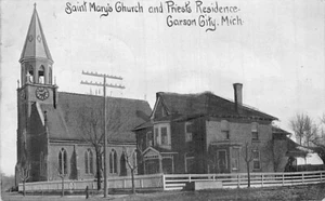 Postal MI: Iglesia de Santa María y Residencia de Sacerdotes, Carson City, Michigan, 1908 - Imagen 1 de 2