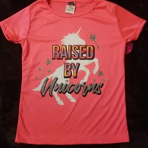 Girls M (7/8) UNICORN flourescent pink short sleeve top Brand New - Picture 1 of 2