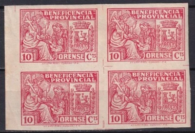 Etiquetas locales SCW Orense Ed. 6 Beneficencia Provincial Bloque de 4 papel gris imp. Foto 1 de 2