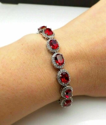 Brazalete de tenis para mujer de diamantes y rubíes rojos simulados de 17 quilates en plata de ley 925 Foto 1 de 4