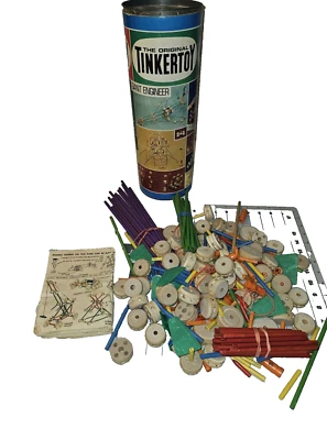 Tinkertoy Construction Set with 290 Wooden Pieces In Can w/lid With Instructions - Image 1 of 4