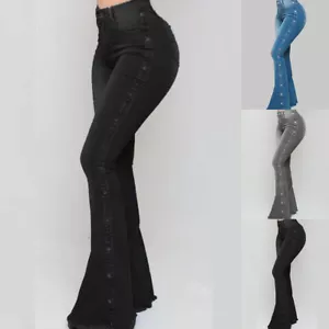 Women Denim Skinny High Waist Flared Jeans Casual Stretchy Bell Pants Trousers - Picture 1 of 17