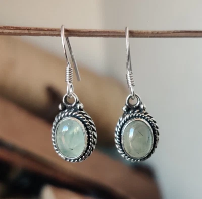 Sterling Silver Prehnite Dangle Drop Lobe Earrings Natural Gemstone Earring Gift - Image 1 of 4