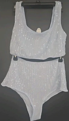 Victoria Secret Sequin Shimmer Bra Top High Waist Short Set Medium Light Blue - Image 1 of 4