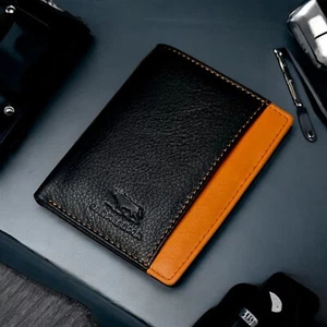 Morucha RFID Blocking Super Slim Minimalist Leather Wallet Black Orange M-65 - Picture 1 of 5
