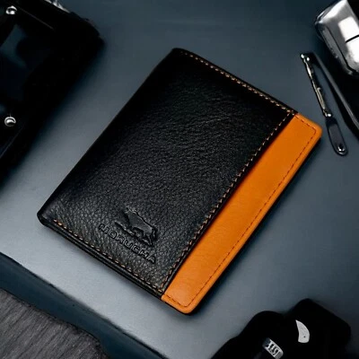 Morucha RFID Blocking Super Slim Minimalist Leather Wallet Black Orange M-65 - Image 1 of 4