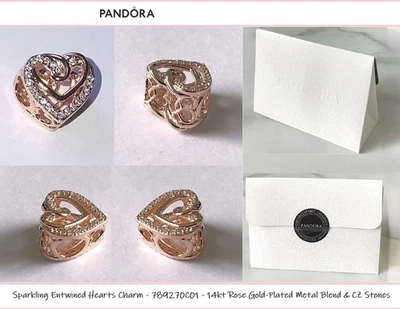 Pandora Sparkling Entwined Hearts Charm (789270C01) 14k RGP + Box & Express Post - image 1 of 4
