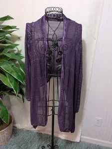 DKNY Donna Karan NY Purple Open Mesh Knit Asymmetrical Waterfall Front Cardigan - Picture 1 of 5
