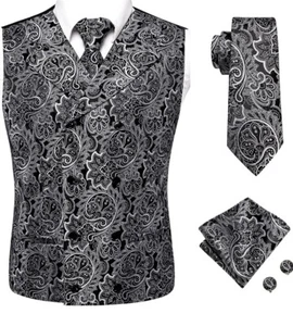 Herren Weste Anzug Paisley Blumen Weste weiß schwarz Seide Krawatte Set Jacke 4tlg M - Bild 1 von 6