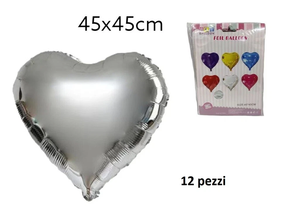 x Set 12 Pezzi Palloncini Foil Balloon A Forma Di Cuore 45x45cm Argento bal - Immagine 1 di 1