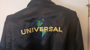 Vtg Universal Studios Embroidered Spellout Logo Black Satin Jacket Size XL USA - Picture 1 of 6