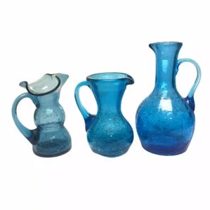 Set of 3 Vintage Handmade Crackle Glass Blue Pitcher Decanter 4” - 5” - Picture 1 of 9