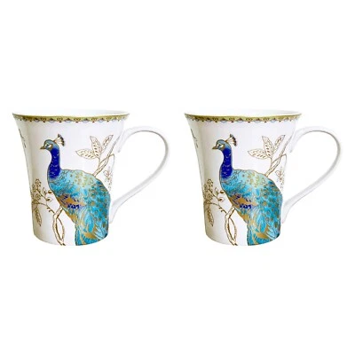 Peacock Garden Coffee Mug Set 2 Gilded Porcelain 10oz 222 Fifth Colorful Bird - Image 1 of 4
