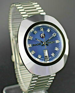 Vintage Automatic 36 MM Day-Date Silver Blue Dial Diamond Work Men's Wrist Watch
