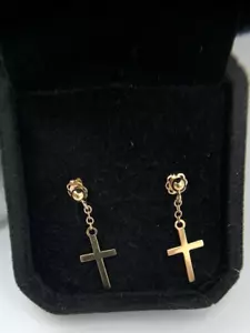 14k Gold Cross Earrings w Drop(23mm) x 8.5mmWide w Ball(3mm) FREEgftBx($4Valu - Picture 1 of 7