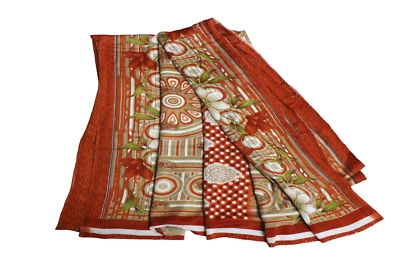 Vintage Crepe Beige Saree Indian Women Wrap Dress Printed Sewing Sari Material - Image 1 of 4