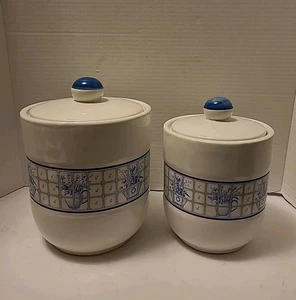 Vintage Steingut von Pomerantz Kanister 2er Set Blumentöpfe Design blau, weiß - Bild 1 von 12