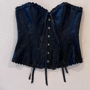 Corsé gótico negro brocado Bustier XL con cordones satinado volantes cierre de gancho - Imagen 1 de 9