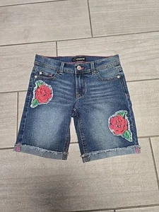Jordache Girls Size 10 Denim Embroidered Jean Cuffed Shorts with Roses - Picture 1 of 7
