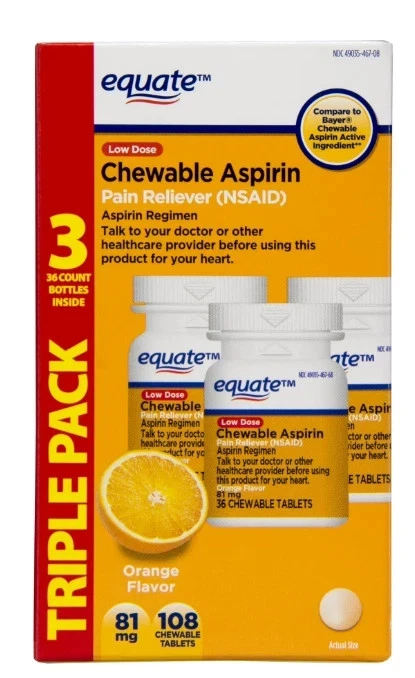 Equate Low Dose Chewable Aspirin 81 mg Tablets, Orange Flavor, 3x 36 Count - Image 1 of 4