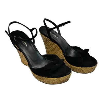 PRADA Alpargata de Gamuza Negra Plataforma Eslinga Mimbre Tacones de Cuña 38.5/8 EE. UU. Foto 1 de 4