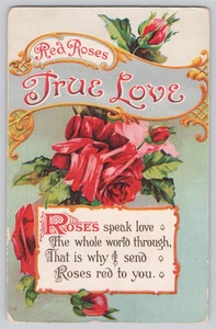 1924 Postcard Red Roses True Love Verse - Picture 1 of 3