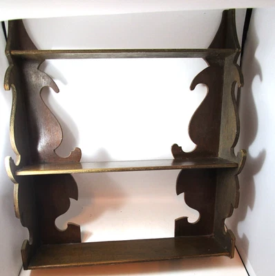 Antique 3-tier Wooden Wall Shelf With Scroll Sides 16"x14" - Image 1 of 4