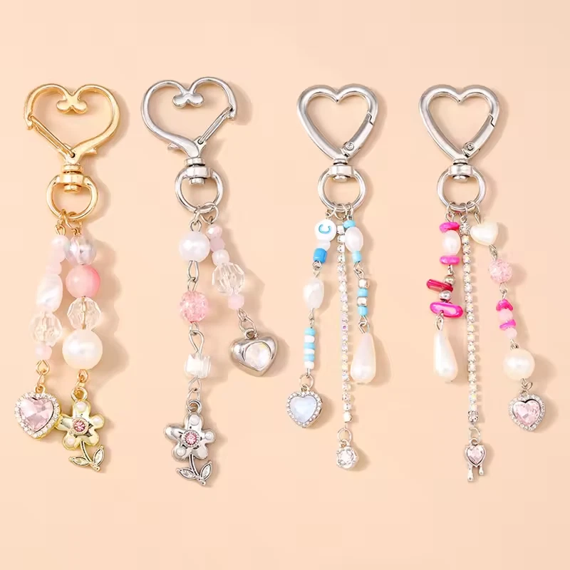 Porte-clé Y2K métal cœur & perles mignon – accessoire sac clé femme / cadeau - Photo 1/4