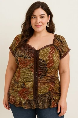 Dressbarn Woman 1X Boho Ruched Top Hook Eye Front Brown Green Print Ruffle Hem - Image 1 of 4