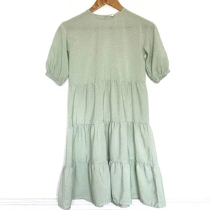 H&M Dress Girls Size 8 Sage Green Geometric Tiered Dress Puff Sleeve Lightweight - Picture 1 of 10