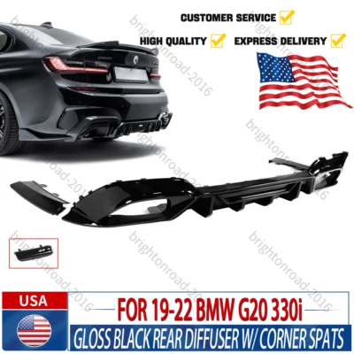 GLOSS BLACK REAR DIFFUSER W/ CORNER SPATS FOR 19-22 BMW G20 330i M340i CTM STYLE - Imagem 1 de 4