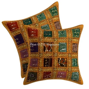 Cotton Throw Pillow Covers Patchwork Yellow Embroidered Sequins Boho Pillowcase - Picture 1 of 6
