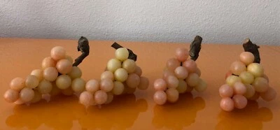 ALABASTER STONE MARBLE FRUIT Italian 4 Apricot Grapes Clusters Wood Stem - Image 1 of 4