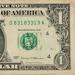 Trinary 1s 3s 8s Fancy Serial Number One Dollar Bill D83183313A DC 2017 Trinary - Picture 1 of 8