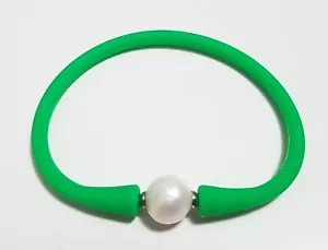 Unisex Green Silicon Rubber Bracelet White Pearl Stainless Steel Post 7.5" - Picture 1 of 5