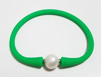 Pulsera Unisex Verde Silicona Goma Blanco Perla Acero Inoxidable Poste 7.5" Foto 1 de 4