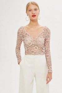 Topshop Blush Nude Pink Lace Plunge Front Long Sleeved Crop Top Size UK 8 Bnwt - Picture 1 of 1