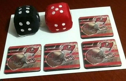 NFL TAMPA BAY BUCCANEERS FUZZY PLUSH HANGING DICE AND RUBBER COASTERS - FOOTBALL Cover