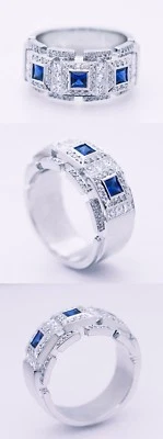 Banda de diseñador de oro blanco de 18 quilates con diamantes y zafiros azules de 2,35 quilates para hombre. Pesado 19 gramos Foto 1 de 2