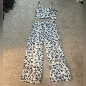 ABERCROMBIE & FITCH Linen Blend 2pc Set Palm Tree Crop Top Wide Leg Pants Large - Picture 1 of 5