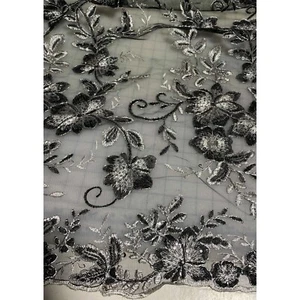 Black & Silver Floral Sequin Embroidered Tulle Lace Fabric - Picture 1 of 2