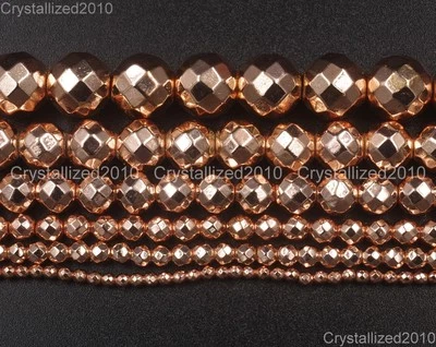 AAA  Natural Rose Gold Hematite Gemstones Faceted Round Beads 4mm 6mm 8mm 16" - Image 1 of 4