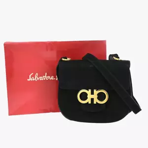 SALVATORE FERRAGAMO Logo Gancini Shoulder Bag Suede Leather Black GWH 38SJ571 - Picture 1 of 18