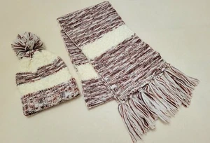 Beanie Hat & Fringed Scarf Womens Burgundy & Cream Soft Knit Pom Pom Set - Picture 1 of 12