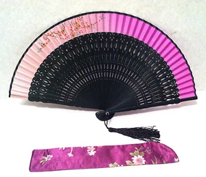 Chinese Hand Held Folding Silk Fan Handfan w Hand Painted Plum FLower Pink - Picture 1 of 4
