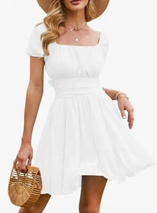 EXLURA Women's 24 Summer Short Puff Sleeve Casual Short Mini Dresse Tie Back Xl - Picture 1 of 2