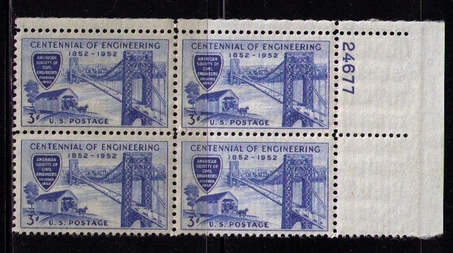 US USA Sc# 1012 MNH FVF PLATE # BLOCK Civil Engineering Suspension Bridge Horse - Image 1 of 1