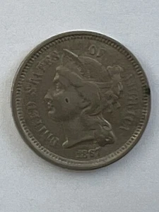 ALTE US MÜNZEN 1867 DREI CENT NICKEL 3 C STÜCK MÜNZE - Bild 1 von 3