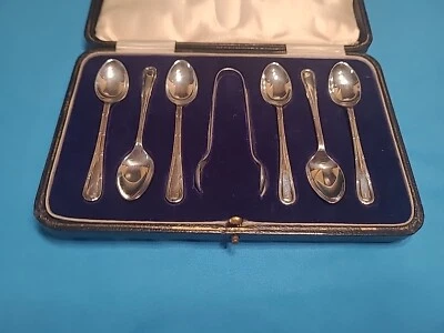 Juego de cucharaditas de plata maciza con pinzas, Sutherland & Roden, 1920, Sheffield, 72 g Foto 1 de 4