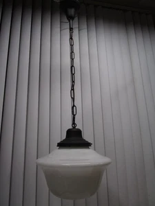 Rejuvenation School House Ceiling Light Milk Glass Globe Hanging 14” W Restored - Picture 1 of 22